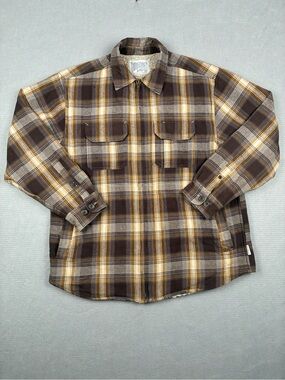 Mens Full Zip Brown & Tan Plaid Sherpa Lined Shirt Jacket Flannel Windriver